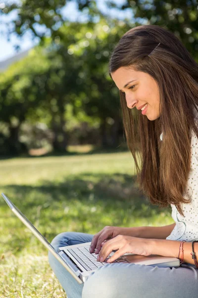 Mooie brunette laptop met park — Stockfoto