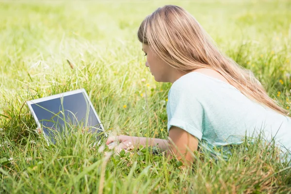 女子在公园中使用的笔记本电脑 — 图库照片