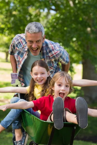 Vater und seine Kinder spielen mit Schubkarre — Stockfoto