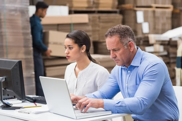 Lagerleiter arbeiten mit Laptop — Stockfoto