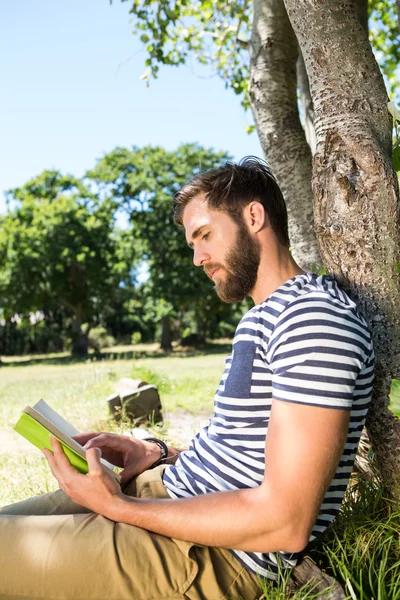 Хипстер читает книгу в парке — стоковое фото