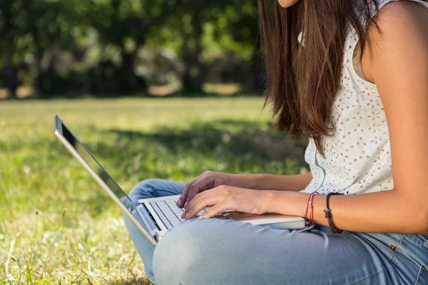 Morena bonita usando laptop no parque — Fotografia de Stock