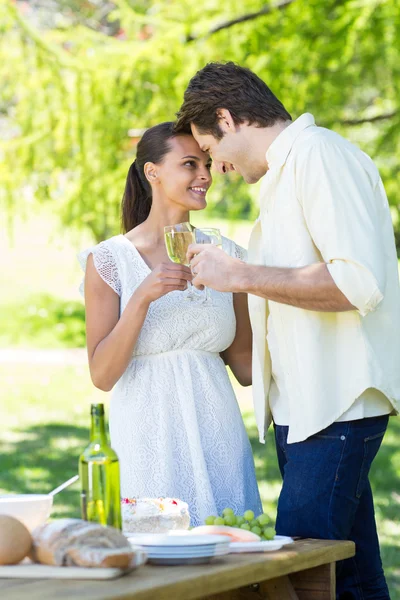 Linda pareja brindando en el parque — Foto de Stock