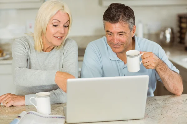 Gelukkige volwassen paar met behulp van laptop — Stockfoto