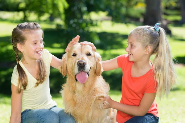 Sister petting their dog in the park — Stock Photo, Image