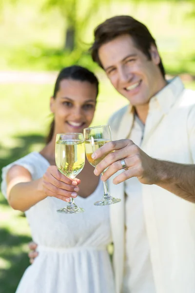 Feliz pareja brindando en el parque — Foto de Stock