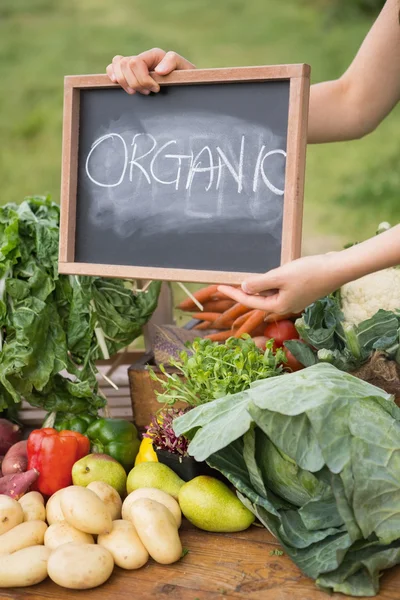 Vrouw verkoop van biologische groenten op markt — Stockfoto