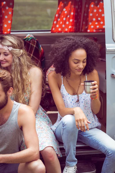 Hipster friends in camper van at festival — Stock Photo, Image