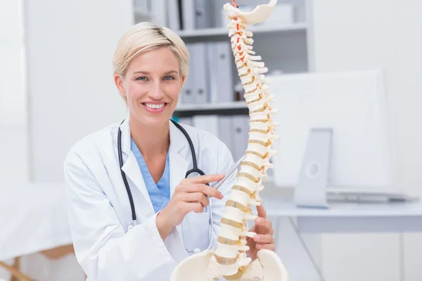 Medico femminile con colonna vertebrale anatomica in clinica — Foto Stock
