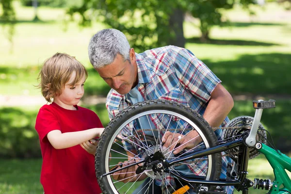 Far och hans son fastställande en cykel — Stockfoto