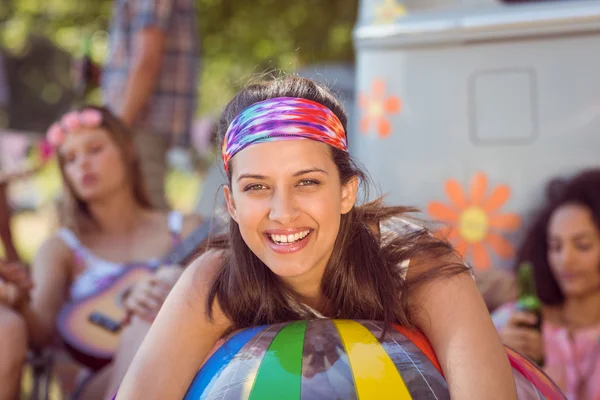 Happy hipsters having fun on campsite — Stock Photo, Image