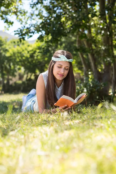 Mooie brunette leesboek in park — Stockfoto