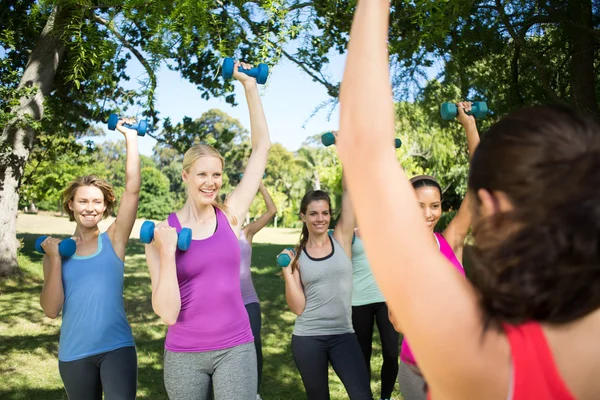 Fitness group lifting hand weights in park — Stock Photo, Image