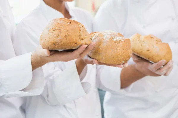Koledzy razem trzyma bochenek chleba — Zdjęcie stockowe