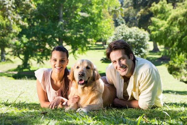 Gelukkige paar met hun hond in het park Stockfoto