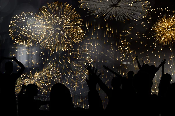 Silhouettes of cheering people against fireworks — Stock Photo, Image