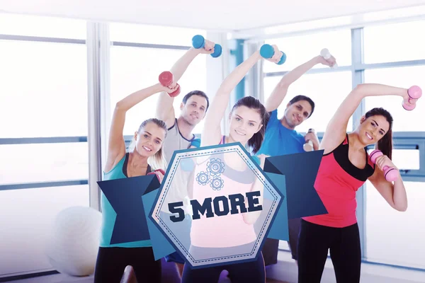 Word 5 more and people lifting dumbbell weights — Stock Photo, Image