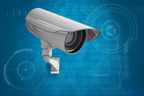 CCTV camera against shiny blue binary code — Stock Photo, Image