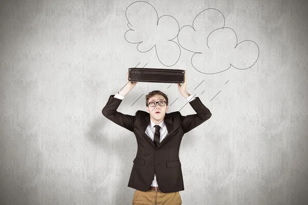 Geeky businessman holding briefcase — Stock Photo, Image