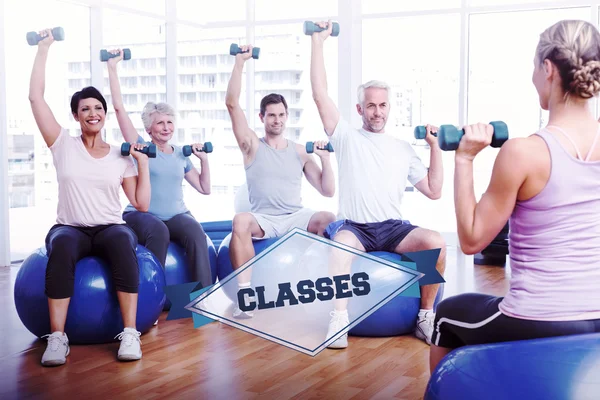 The word classes and fitness class with dumbbells — Stock Photo, Image