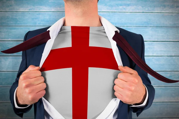 Üzletember nyitó inget, hogy felfedje angol zászló — Stock Fotó