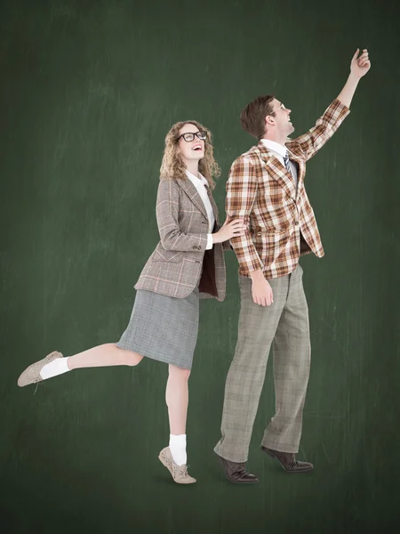 Happy geeky hipster couple holding their hand — Stock Photo, Image