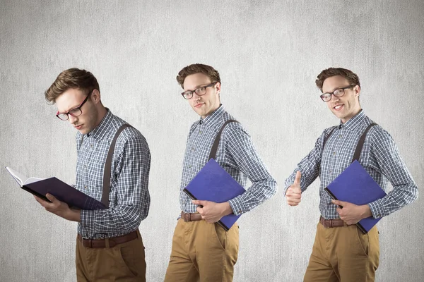 Verbundbild von Nerd mit Notizbuch — Stockfoto