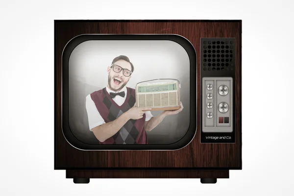 Naukowy hipster gospodarstwa retro radio — Zdjęcie stockowe