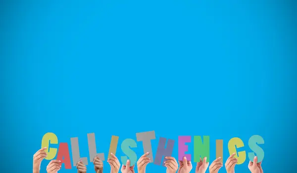 Composite image of hands holding up callisthenics — Stock Photo, Image