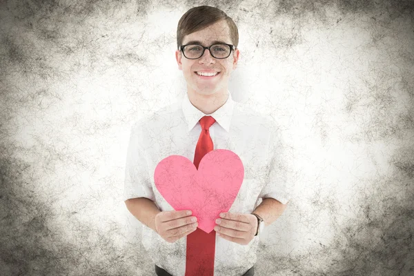 Geeky hipster holding heart card — Stock Photo, Image