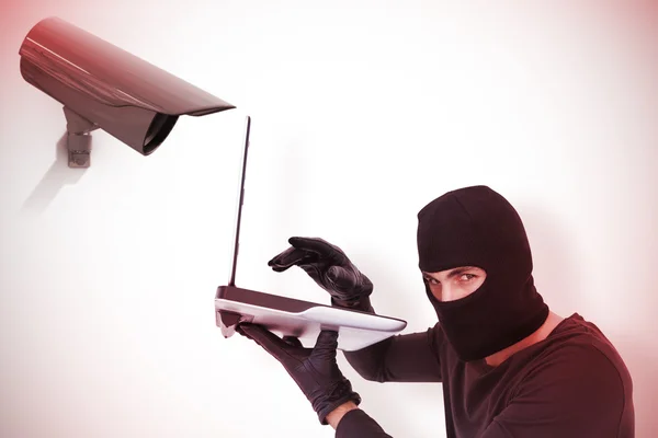 Focused burglar hacking into laptop — Stock Photo, Image