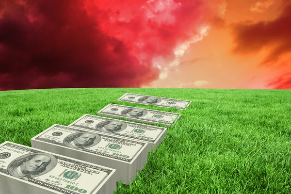 Vijf stapels van dollars tegen groen gras — Stockfoto