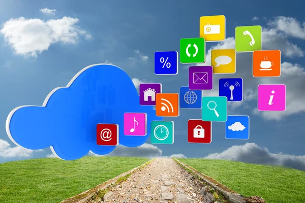 Cloud with apps against path on grass — Stock Photo, Image
