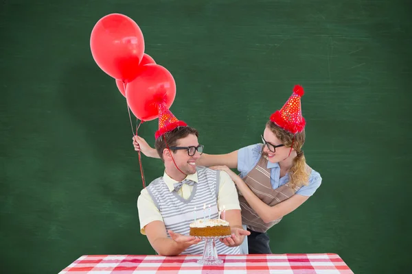 Geeky hipster couple celebrating his birthday — Stock Photo, Image