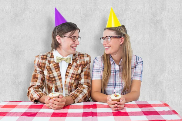 Geeky hipsters celebrating birthday — Stock Photo, Image