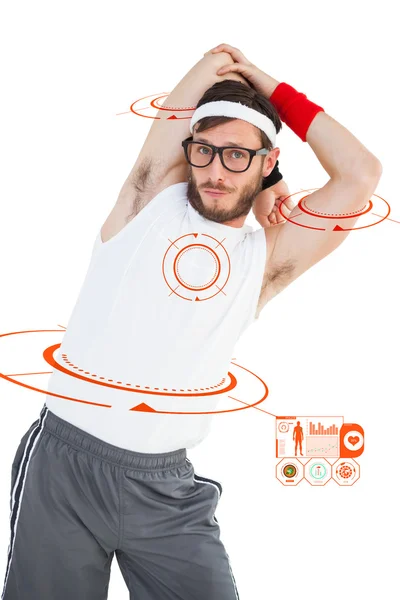 Geeky hipster stretching in sportswear — Stock Photo, Image