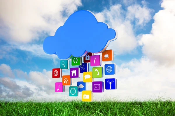 Cloud with program cubes against green grass — Stock Photo, Image