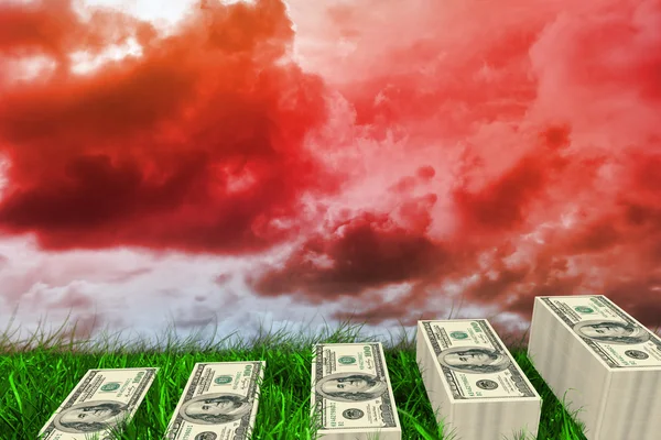 Five Stacks of dollars against green grass — Stock Photo, Image