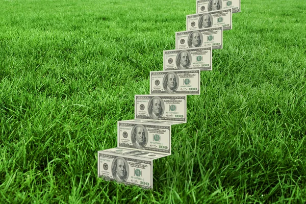Steps of dollars against grass — Stock Photo, Image
