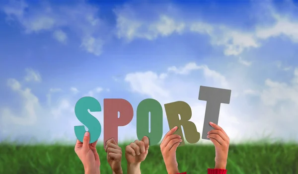 Composite image of hands holding up sport — Stock Photo, Image