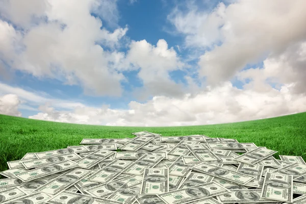 Stapel van dollars tegen veld onder hemel — Stockfoto