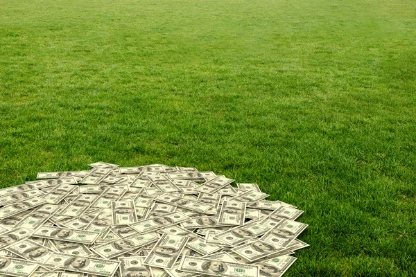 Pile of dollars against green field — Stock Photo, Image