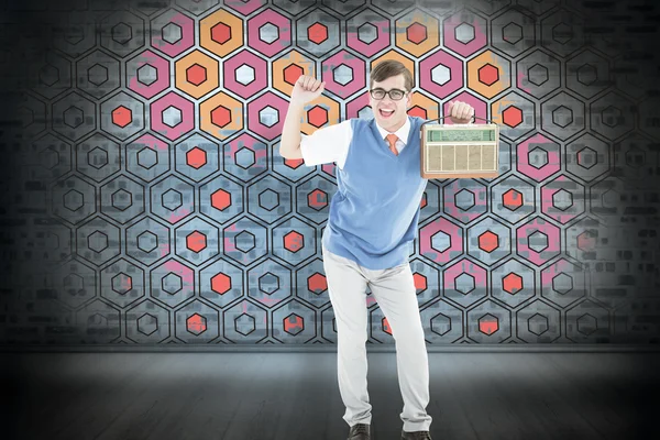 Geeky hipster listening to retro radio — Stock Photo, Image