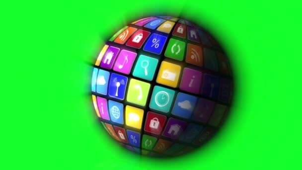 Iconos de aplicaciones en el globo giratorio — Vídeos de Stock