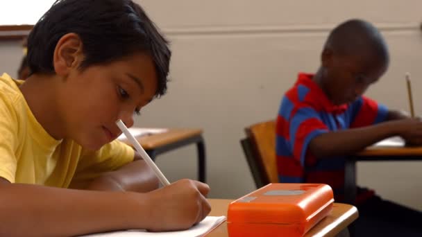 Colegial sonriendo a la cámara en clase — Vídeos de Stock