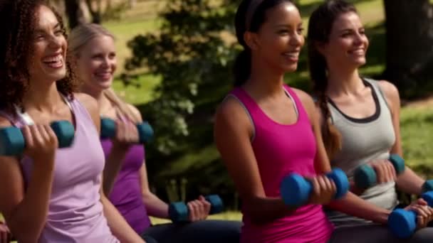 Fitness grupo levantamiento de pesas en el parque — Vídeos de Stock