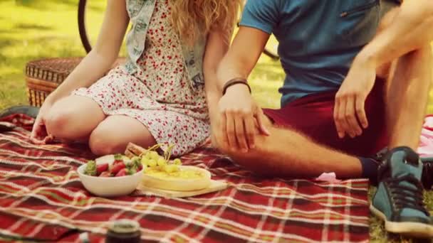 Linda pareja teniendo un picnic — Vídeo de stock