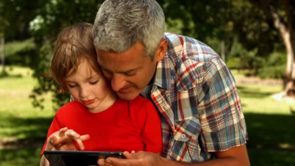 Отец и сын используют планшет в парке — стоковое видео
