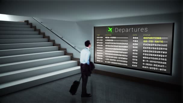 Businessman looking at departures board — Stock Video