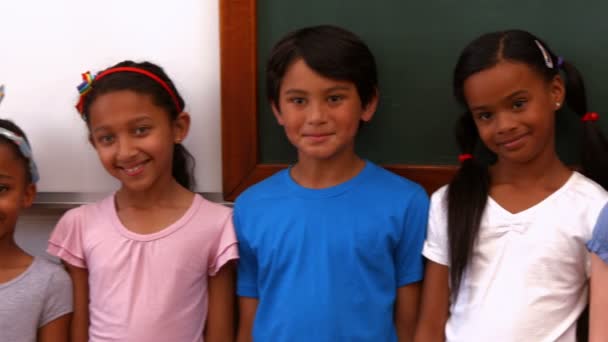 Симпатичные ученики улыбаются перед камерой в классе — стоковое видео